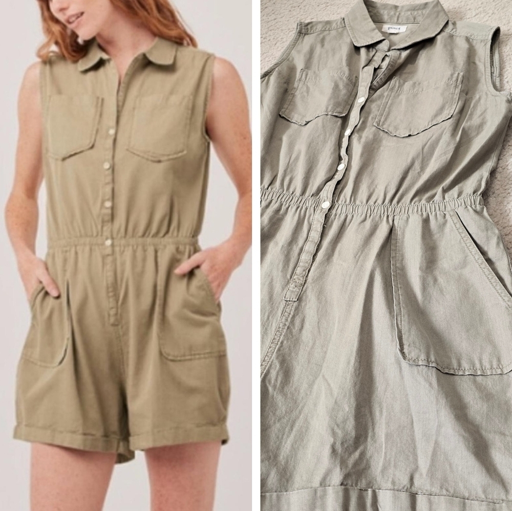 Pact 100% Organic Cotton Tan Olive Chambray Sleeveless Romper Women’s Size Small
